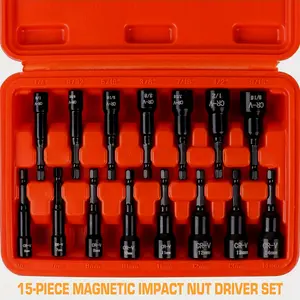 Magnetic Nut Driver Set 15-Piece, SAE (1/4" - 9/16") and Metric (6-14mm) Impact, Chrome Vanadium Steel 1/4" Hex Shank (Magnetic Nut Driver Set)
