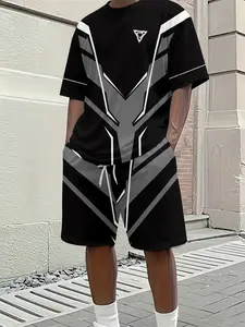Men's 3D Digital Print Two-Piece Set, Geometric Triangle Mech Print Men's Short-Sleeve Set, Casual Short-Sleeve and Shorts Set, Vacation-Style Trendy Outfit, Breathable Sporty-Casual Style, Perfect Gift for Men on Festivals