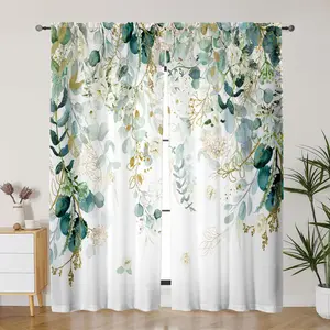 Green Curtains 84 Inches Long Sage Green Leaves Light Filtering Curtain White Floral Drapes for Living Room Farmhouse Leaf Retro Elegant Window Curtains for Bedroom 2 Panels