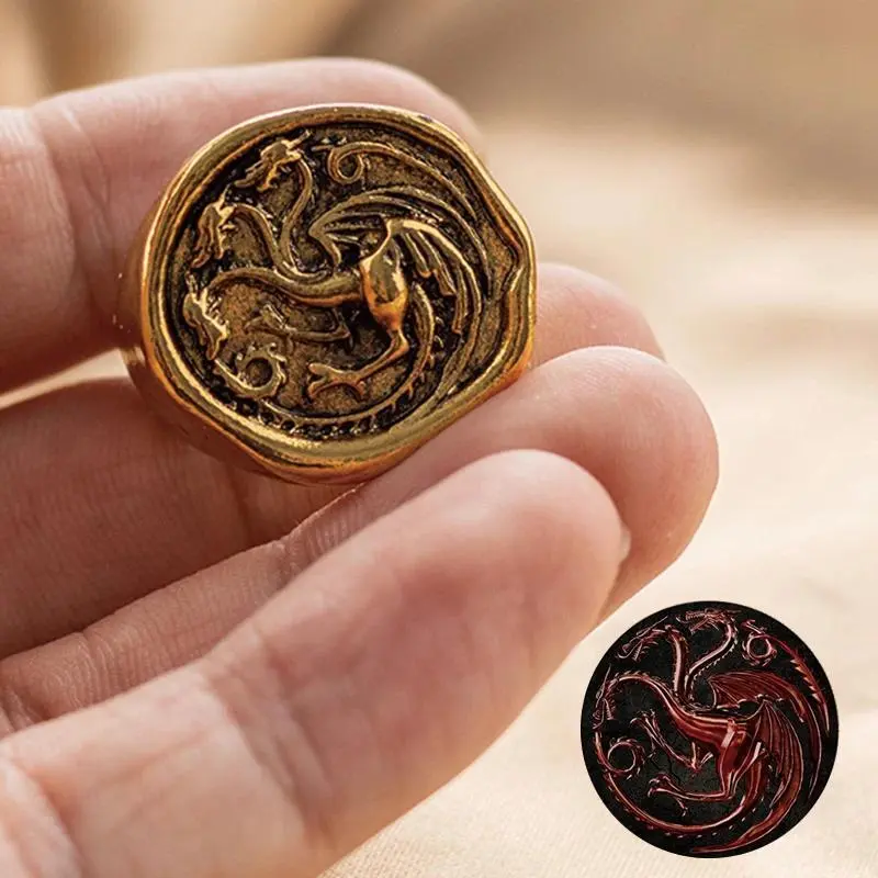Dragon House Targaryen Ring Cosplay Three Head Dragon Golden Alloy Metal Rings Jewelry Party Costume Accessories Gifts