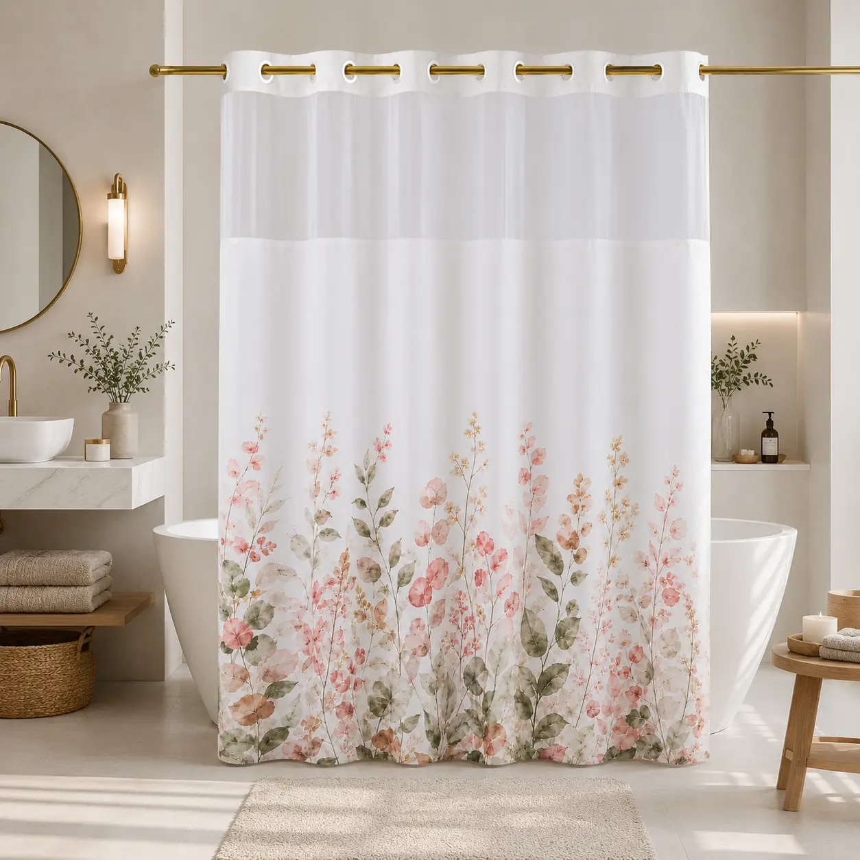 Hookless Shower Curtain Set with Snap-in Liner, Pink Double Layer Floral Botanical Design, Sheer Top Window, 72x75 Inch Waterproof Washable Bathroom Curtain,