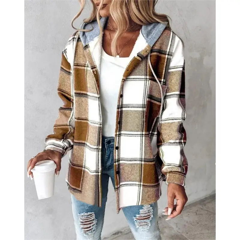 Women's Caramel Plaid Flannel Jacket, Hooded Button-Down Shacket with Fuzzy Fleece Lining, Casual Long Sleeve Outdoor Outerwear, Caramel Plaid 7, Black Plaid 5