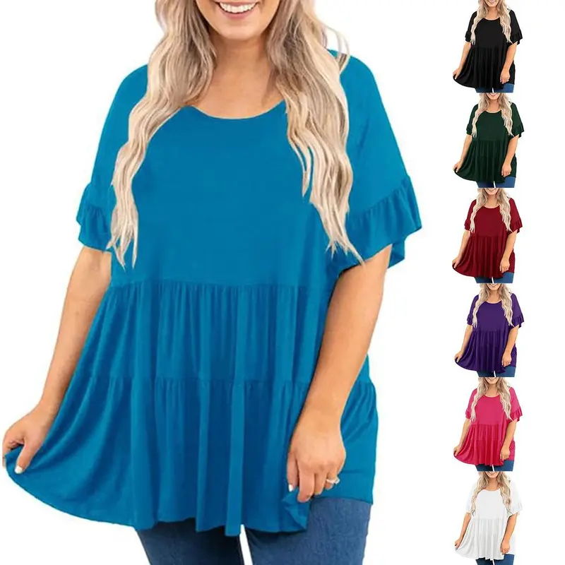 【1XL-5XL】Imily Bela Curve Women's Plus Size Ruffle Tunic Tops Summer Short Sleeve Loose T-Shirt Blouses
