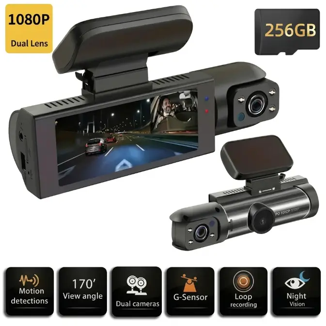 Dual-Lens Front & Rear Car Dash Cam, 32/256GB Card Compatible, 1080P HD Recording, Wide-Angle Lens, IR Night Vision, 3.16-Inch IPS Screen, Plug-In Use Driving Rec., Automotive Car Electronics Accessory