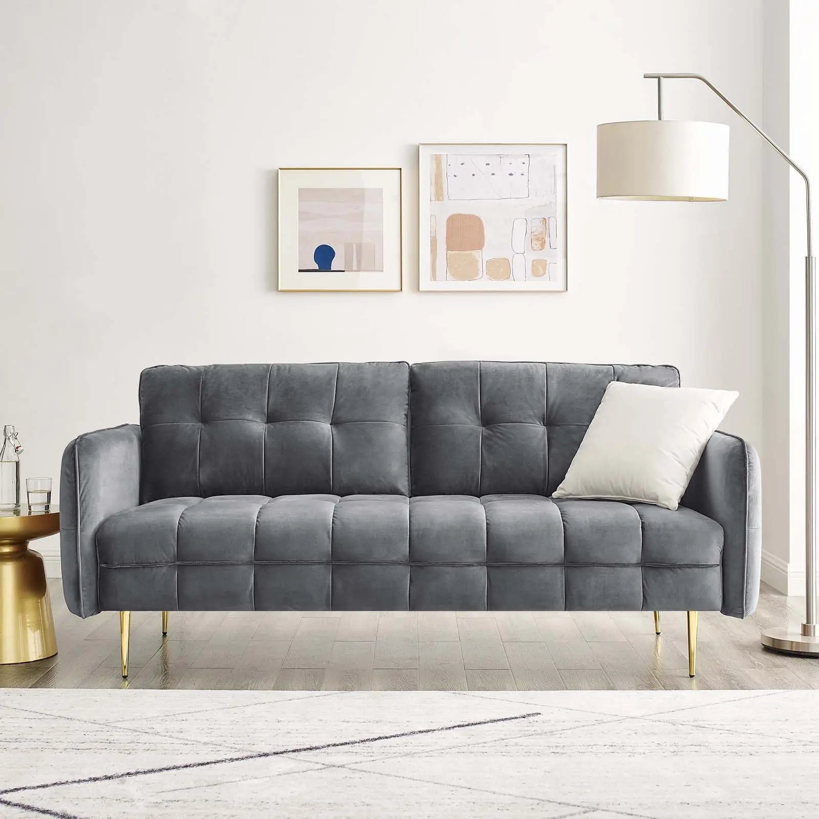 Modway Cameron Tufted Performance Velvet Sofa - Modern Comfy Couch, Upholstered 2-Seater Midcentury Modern Gray Indoor Furniture for DIY Living Room Setup, Upholstered Sofas