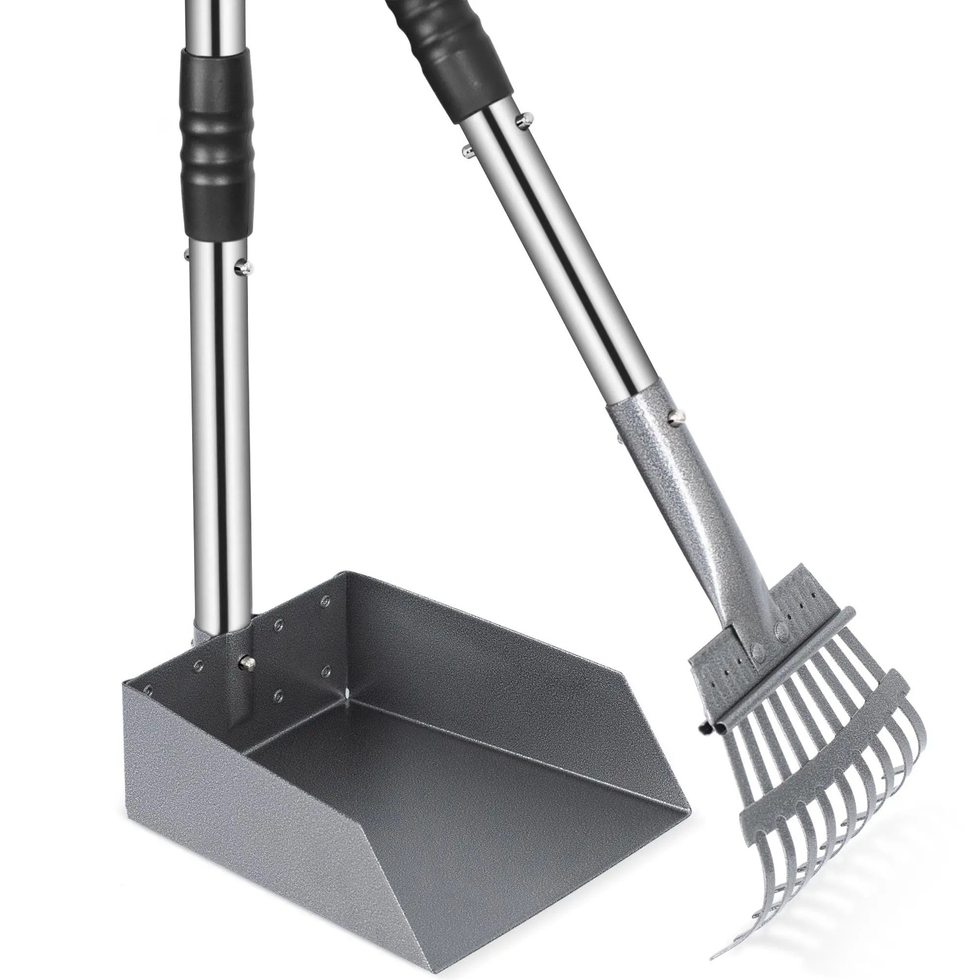 Dog Pooper Scooper Cleaner Set - 2-Piece Portable Outdoor Pet Waste Removal Tool with Long-Handle Tray, 1 Rake, Adjustable Folding Handle, Litter Scoop Functionality