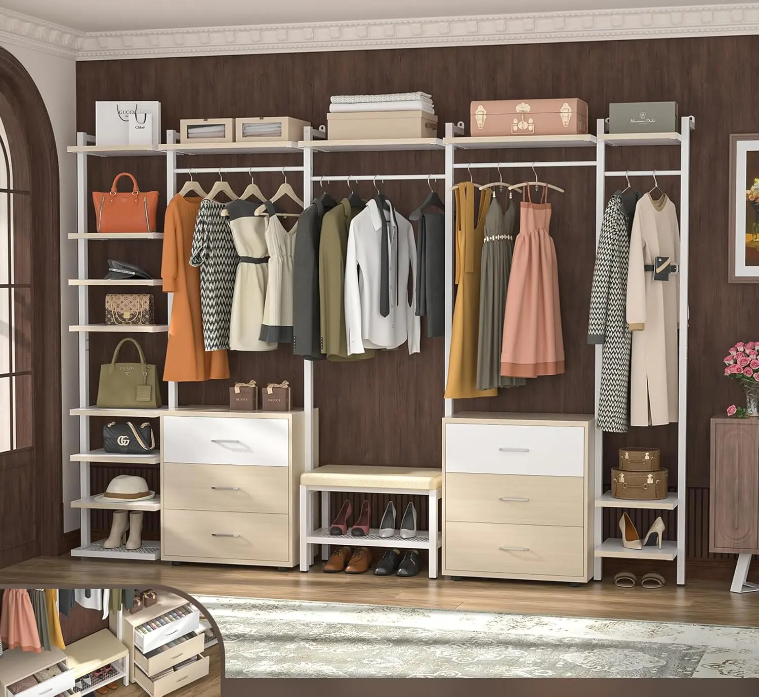 Heavy Duty 8FT Wall Mounted Closet System with 6 Drawers, Large Clothing Rack for Bedroom & Walk-in Wardrobe