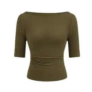 PrettyGarden Women's Summer Short Sleeve Tops Boat Neck Ribbed Knit Slim Fit T Shirt Casual Basic Top Spring Clothes