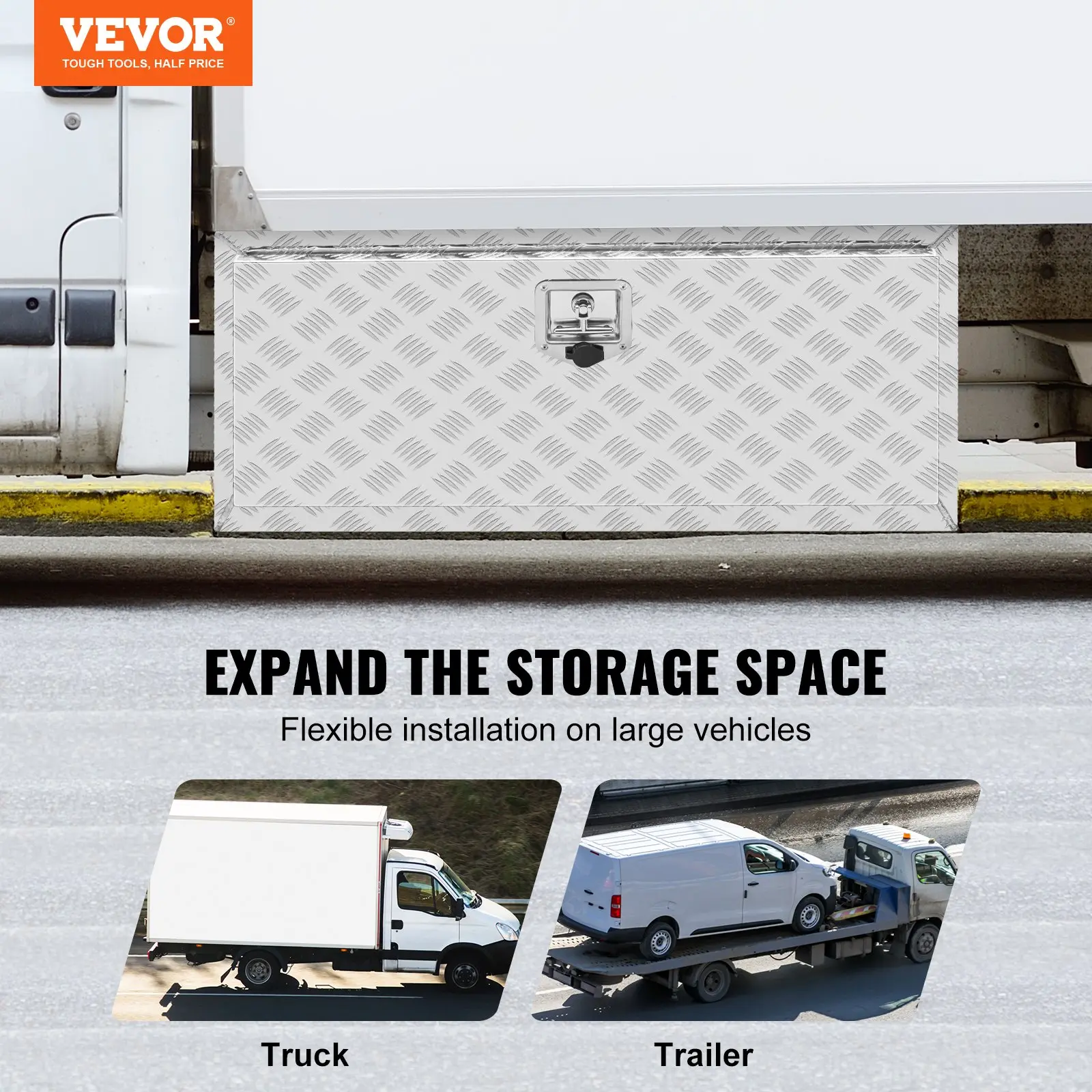 【summerfinds】VEVOR Underbody Truck Box, 36"×14"×16" Pickup Storage Box, Heavy Duty Aluminum Diamond Plate Tool Box with Lock and Keys, Waterproof Trailer Storage Box with T-Handle Latch for Truck, Van, Trailer