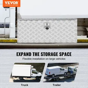 VEVOR Underbody Truck Box, 36"×14"×16" Pickup Storage Box, Heavy Duty Aluminum Diamond Plate Tool Box with Lock and Keys, Waterproof Trailer Storage Box with T-Handle Latch for Truck, Van, Trailer