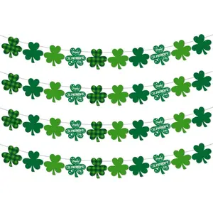 4-Pack St. Patrick's Day Clover Garland Decorations, Pre-Strung Shamrock Hanging Banner with Happy St Patrick Cards, Green Irish Party Decorations for Home, Classroom & Holiday Events