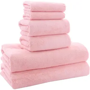 Ultra Soft Microfiber Towel Set - 6 Pcs Quick Drying Highly Absorbent Coral Velvet for Bathroom, Fitness, Sports, Yoga, Travel - Pink