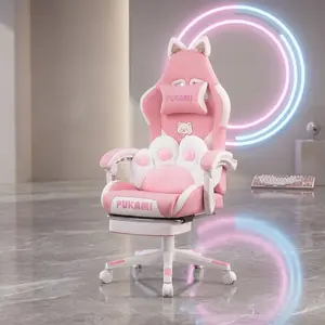 Kawaii Cat Ear Gaming Chair Pink Ergonomic Reclining Game Chair with Cat Paw Lumbar Cushion Retractable Footrest Adjustable Height PU Leather Comfort Gaming Seat Cute Decor Furniture for Girls Gaming Room Home Halloween Decoration