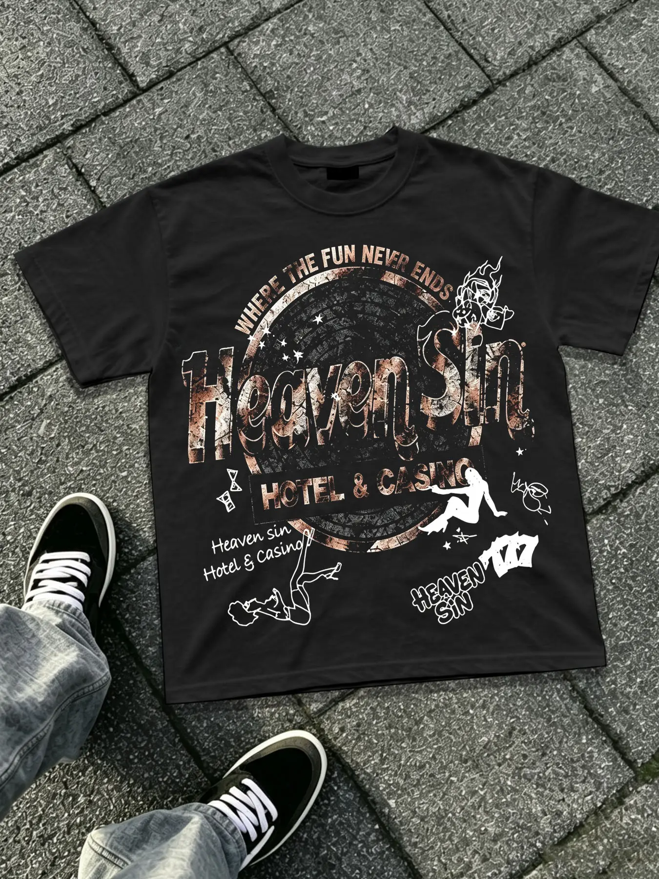 Unisex Loose-Fit Pure Cotton Knit Basic Short-Sleeve Graphic T-Shirt, Heaven Sin Casino Hotel Retro "Flapper" Print Top, Casual Y2K Streetwear, All-Season Halloween Gift