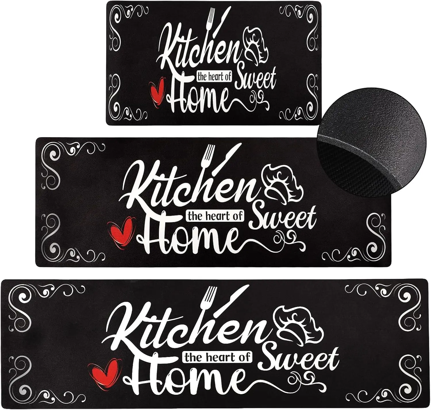 Black Kitchen Floor Mat 3-Piece Set—Quick-Drying, Non-Slip, Cushioned Runner Mats; Waterproof and Comfortable; Suitable for Sink Areas, Laundry Rooms, and Farmhouse-Style Kitchens.