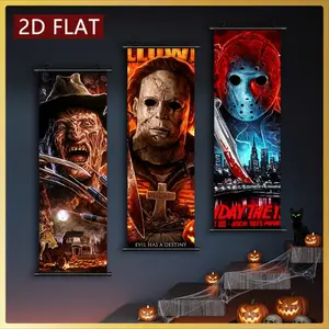2D/FLAT-3pcs Halloween Horror Movie Character Decoration Scroll Plastic Scroll Wall Art HD High Quality Printing Evil Themed Poster Suitable for Halloween Bedroom Living Room and Other Party Home Decoration