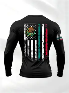 Men's Long Sleeve Workout Shirt, Mexican Flag Patchwork Design, Comfortable Daily Wear, Sporty Style, Suitable for All Seasons, Athletic Sports Clothing, Workout Apparel, Athletic Tops
