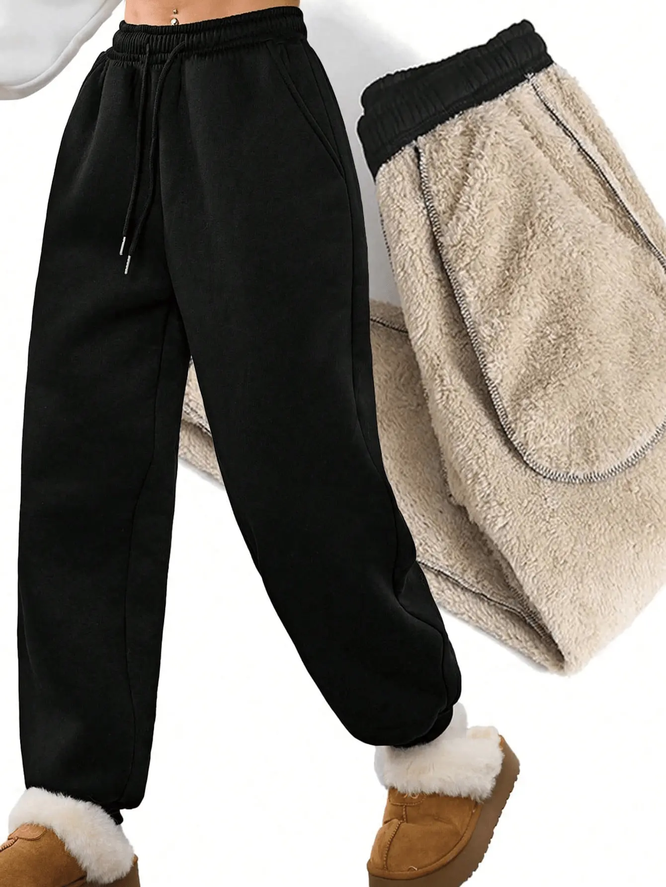 Women’s outdoor long pants for autumn/winter, fleece-lined and thickened casual jogger sports pants suitable for winter outings and cold weather. # rhinestone pants