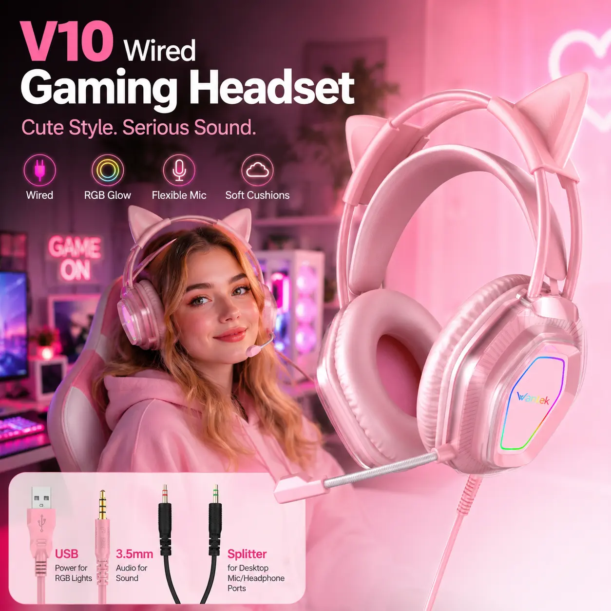 【Featured】Girls' Gaming Headset, Soft Earmuffs, with 7.1 Surround Sound, Lightweight Design,  with Microphone, Wired Gaming Headphones for PS, Xbox, PC, Perfect Christmas Gift for Women, Wife, Girlfriend, or Family