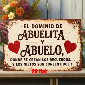 2D Flat, 1pc Vintage Metal Wall Art Sign - "El Dominio de Abuelita y Abuelo" with Red Hearts, Rustic Home Decor for Patio, Dining Room, Living Room, Porch - Ideal Gift for Grandparents, 7.8x11.8 Inches, 2D Flat