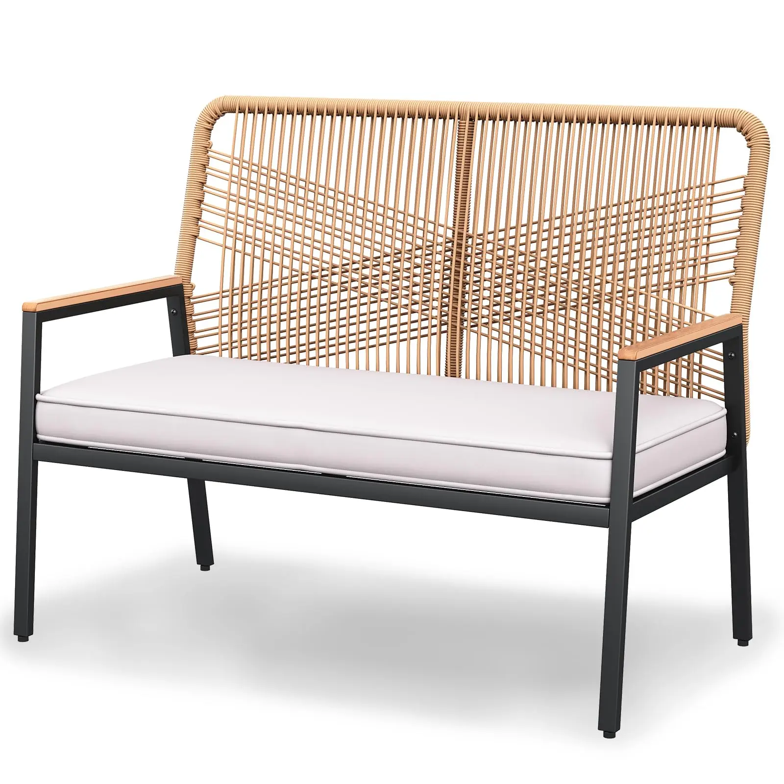 【backtoschool】TLGREEN 2-Seat Wicker Furniture Patio Bench, 43-Inch Wide Hand-Woven Outdoor Rattan Love Seat with 3.15in Thick Outdoor Cushions, Wobble-Free Ergonomic Curved Backrest, WPC Armrest, 500 lbs Capacity, Modern Comfy for Garden, Balcony, Iron, 7