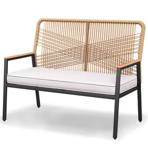 【fathersdaygift】TLGREEN 2-Seat Patio Bench, Wide Outdoor Rattan Love Seat Bench with 3.15in Thick Cushion, Ergonomic Curved Backrest, WPC Armrest, 500 lbs Capacity, for Garden, Balcony, Porch, Beige/Grey, ,summergarden ,Modern ,Wicker Furniture, Comfy