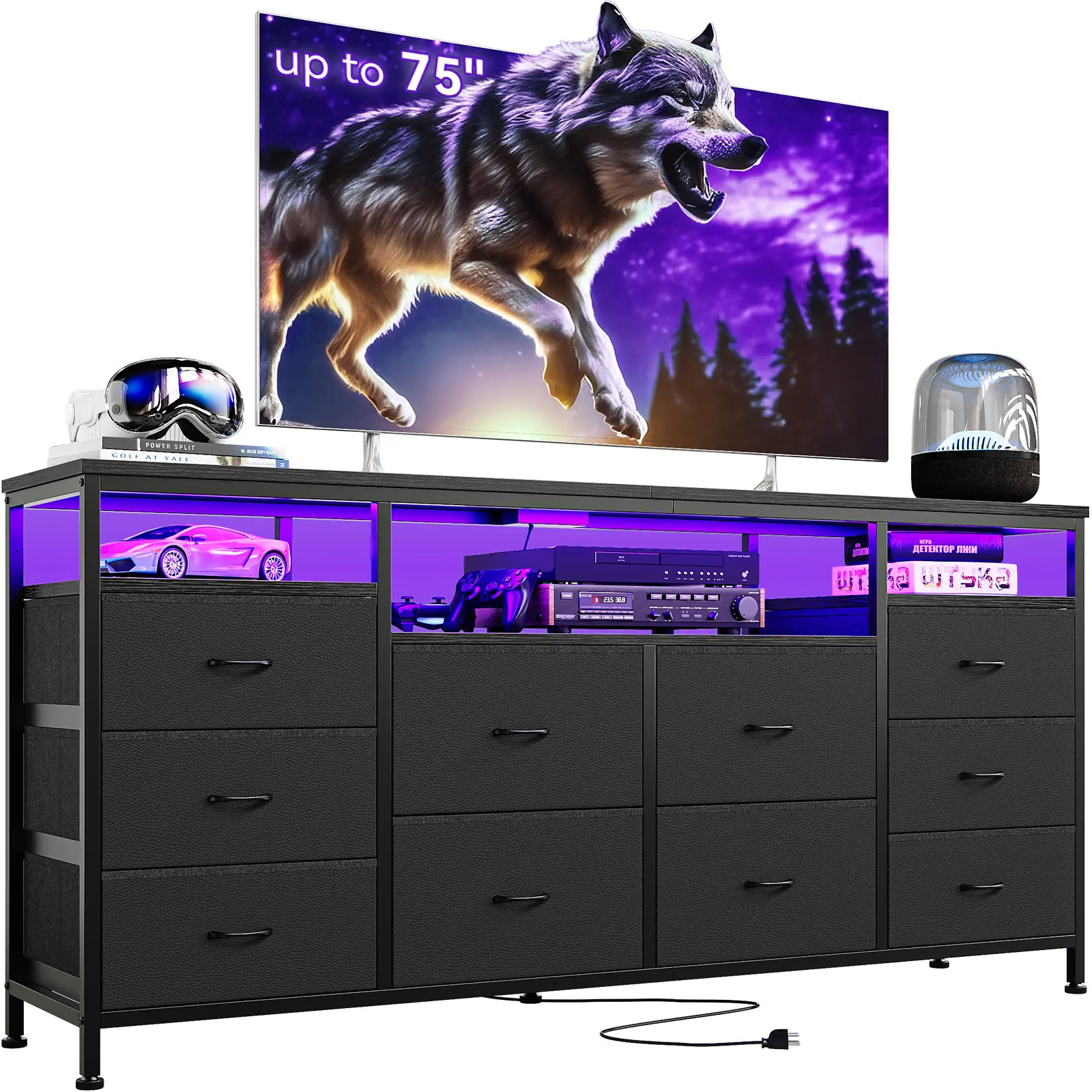 OP-10 Drawer Dresser Modern TV Stand , 63" W Long Fabric Dresser Entertainment Center, Chest of Drawers for Bedroom with Led Lights & Power Outlets,Multiple styles,Space saving for living room,bedroom