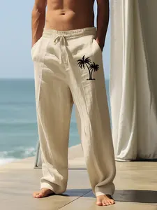Men's Lightweight Summer Linen Pants, Breathable Wide Leg Elastic Trousers, Tropical Palm Pattern, Ideal for Vacation Wear