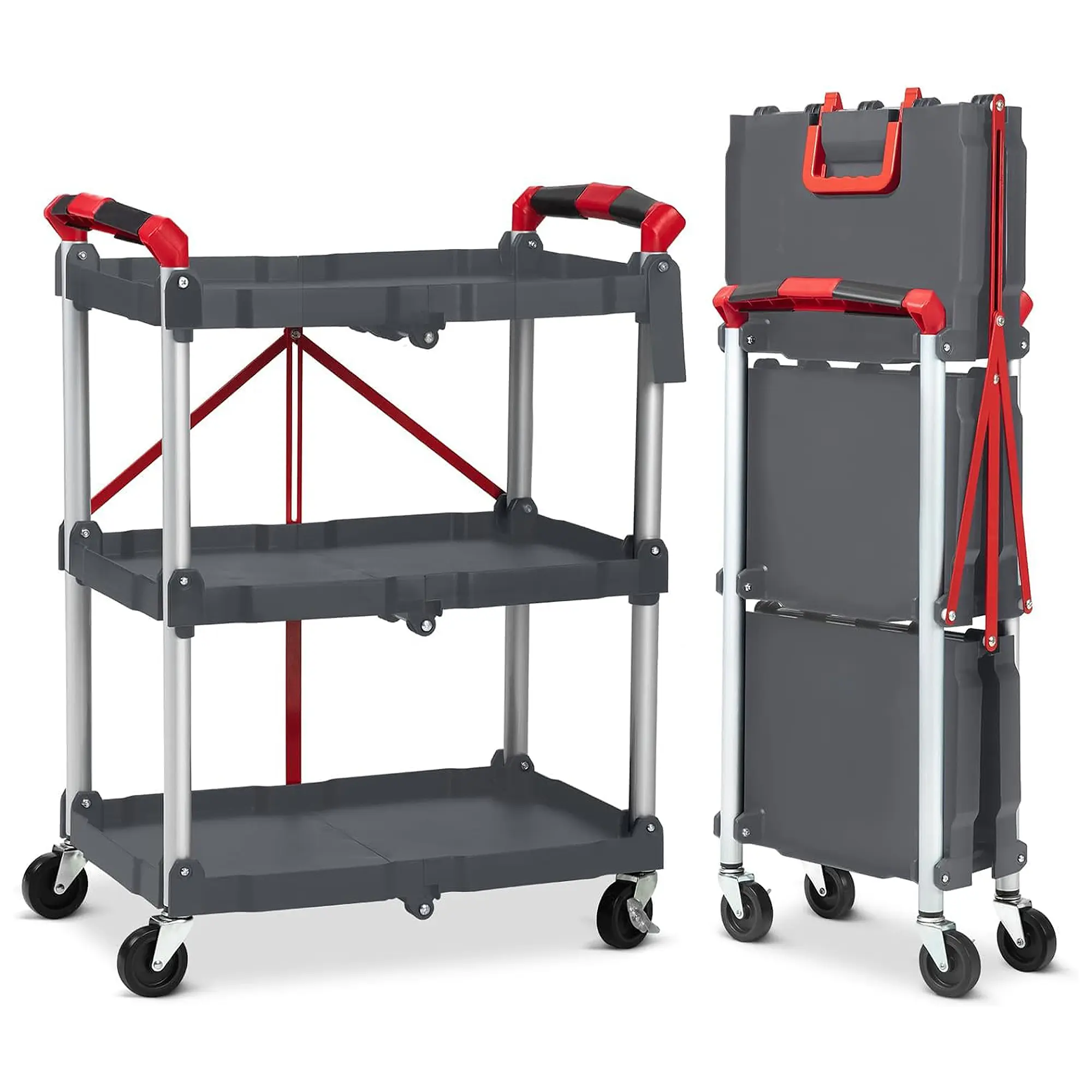 Heavy-Duty Portable Folding Service Cart, 3-Tier Fold Up Rolling Cart, Collapsible Push Cart with Wheels, 56 Lbs Load Capacity per Shelf Folding Utility Carts for Home/Office/Warehouse - Gery