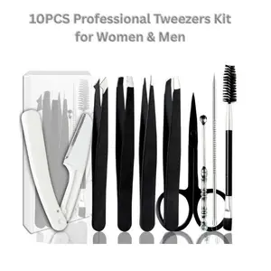 10PCS Professional Tweezers Kit for Women & Men – Stainless Steel Eyebrow Tweezers Set for Facial Hair Removal, Precision Beauty Tools in Black Case