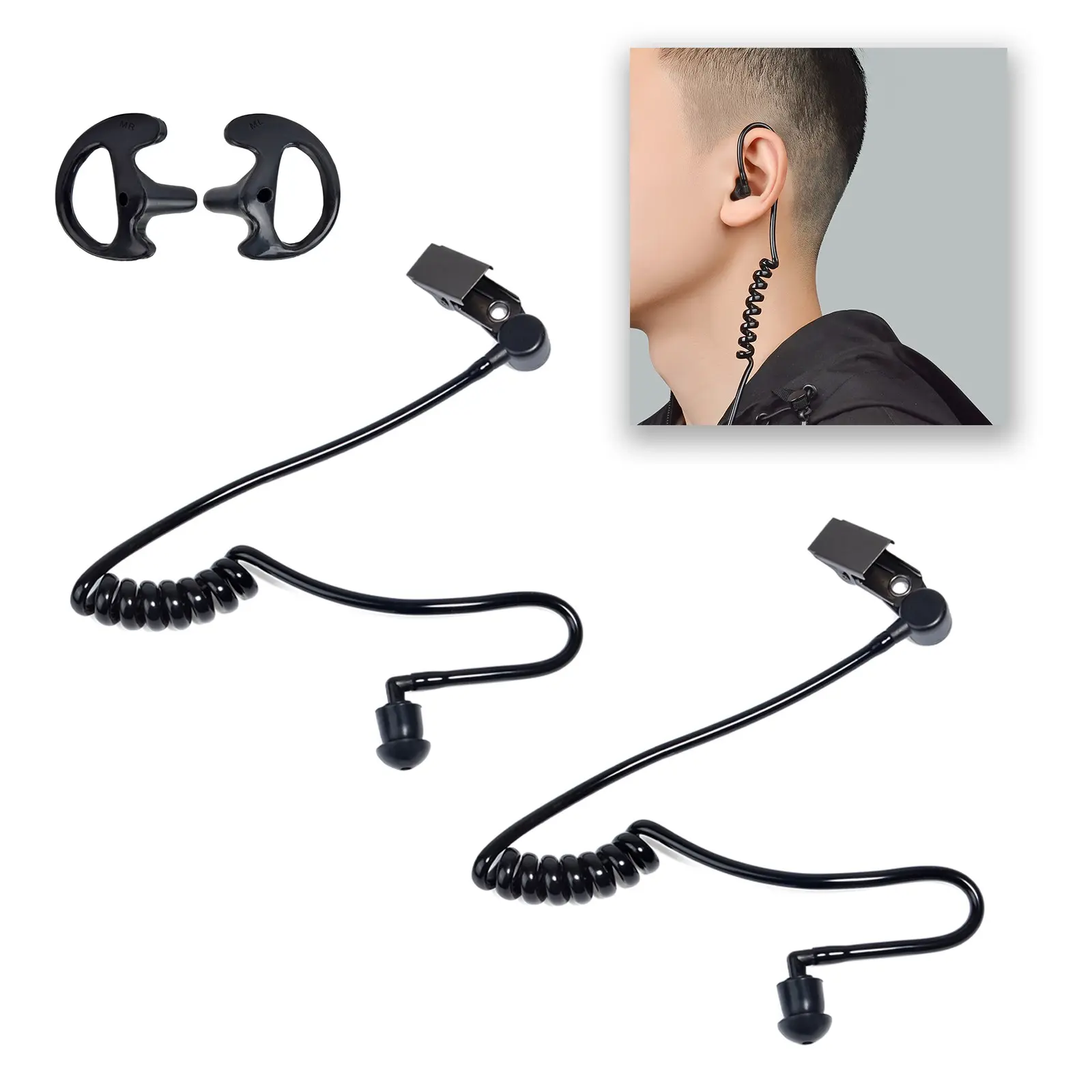 All Black Universal Surveillance Coil Tube Earpiece Replacement Kit Secure Clip-On for Collar/Clothing Wear, Compatible with Motorola, BaoFeng, Kenwood, Midland with One Pair Medium Black Earmolds for Security, Police and Law Enforcement Use(2 Pcs)