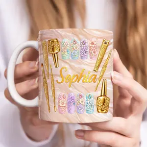 DIGITAL FILE Custom Name Nail Tech Mug Wrap 2D Printed 3D Effect Design, Faux 3D Beauty Luxury Gold Nail Art Coffee Mug Wrap for 11oz Cup, Nail Artist Sublimation Template for DIY Printing, Premium Digital Graphic for Salon Professionals Designers