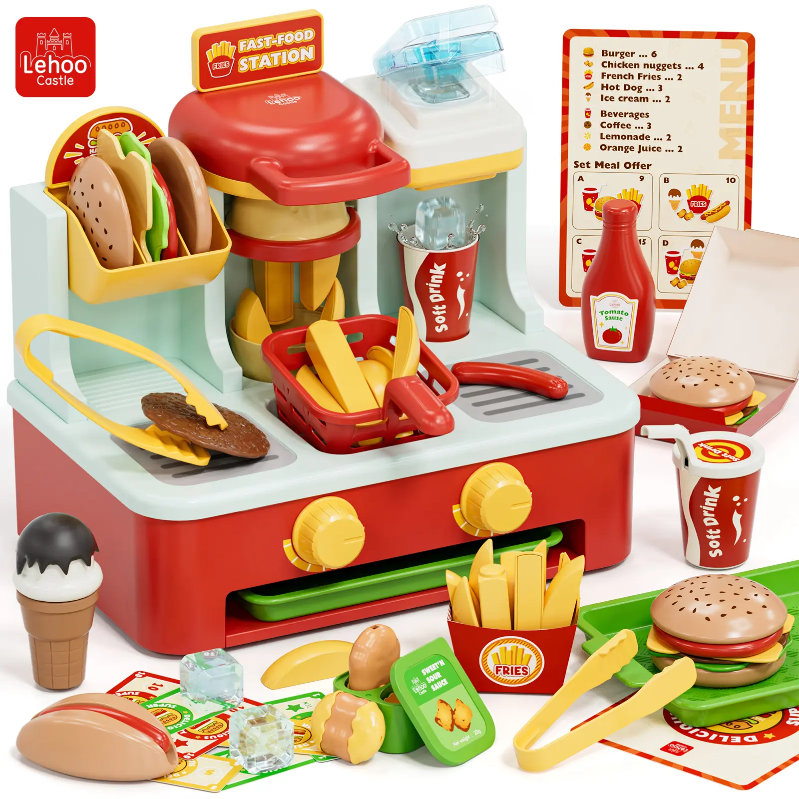 Lehoo Castle Fast Food Store Playset with Burger, Fries, Potato Cutter, Ice Maker, Menu and Play Money, Play Food Set for Kids, Kitchen Toys Ages 3+ Years Old, Children's DIY Creative Set, Family Gift, Summer VibesBirthday & Summer Gift Ideas