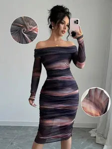 Women's High Elasticity Long Sleeve Knitted Mesh Top, Gradient Color Print Design, Slim-Fitting Two-Layered Fashionable Women's Dress Clothing