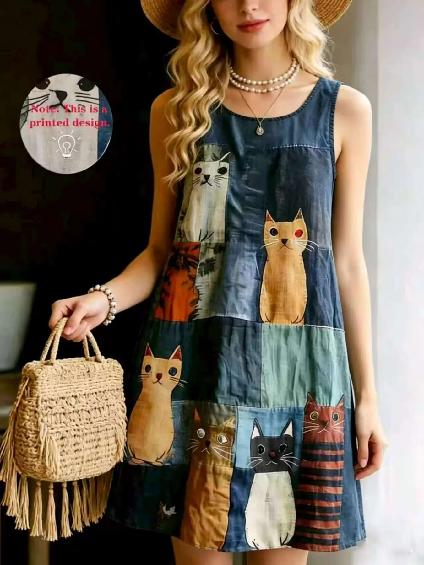 Vintage Patchwork Cat Print Sleeveless Dress, Bohemian Loose A-Line Beach Vacation Dress, Retro Style Summer Casual Fashion Wear for Women
