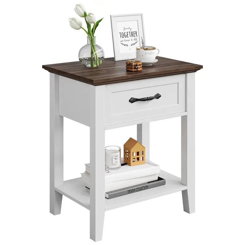 White Bedside Cabinet - 2-Tier Shelf Nightstand with Drawer and Handle Pull, Easy-Assembled Side Table for Bedroom, Living Room