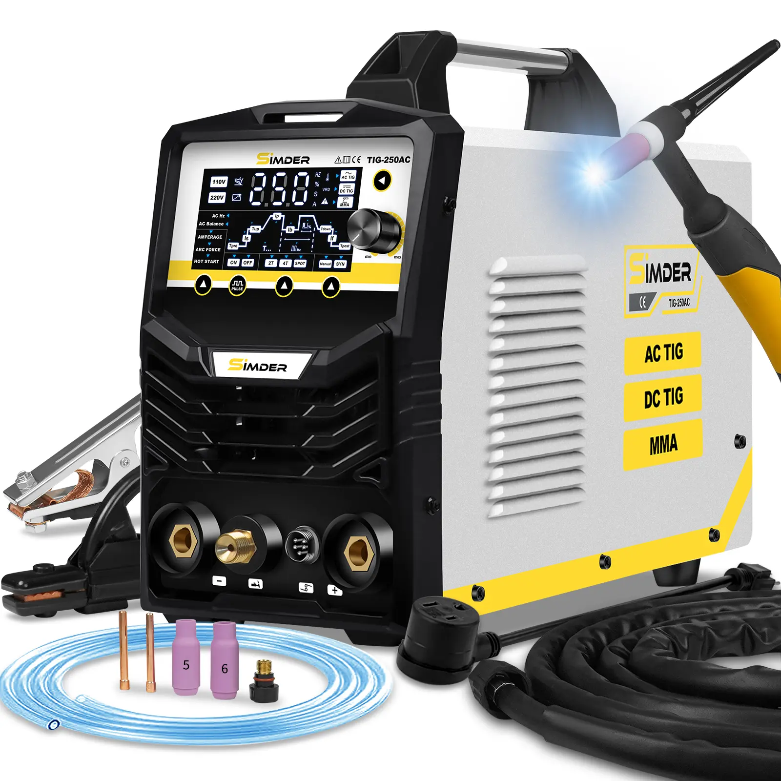 S SIMDER TIG Welder AC/DC With Pulse 250A Aluminum Welder 6IN1 AC TIG/DC TIG/Pulse TIG/SPOT TIG/Stick 110V/220V Dual Voltage TIG Welding Machine for Home Garden Maintenance DIY