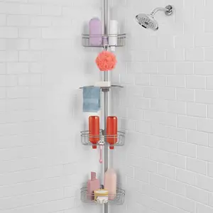 Mainstays Tension Rod Shower Caddy, Rust-Resistant 3 Tier Corner Pole Caddy, 5 - 8 ft, Satin Nickel