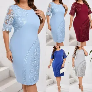 Plus Size Women's Elegant Lace Spliced Short Sleeve Bodycon Dress Ladies Evening Party Ball Gown Size 0XL-4XL