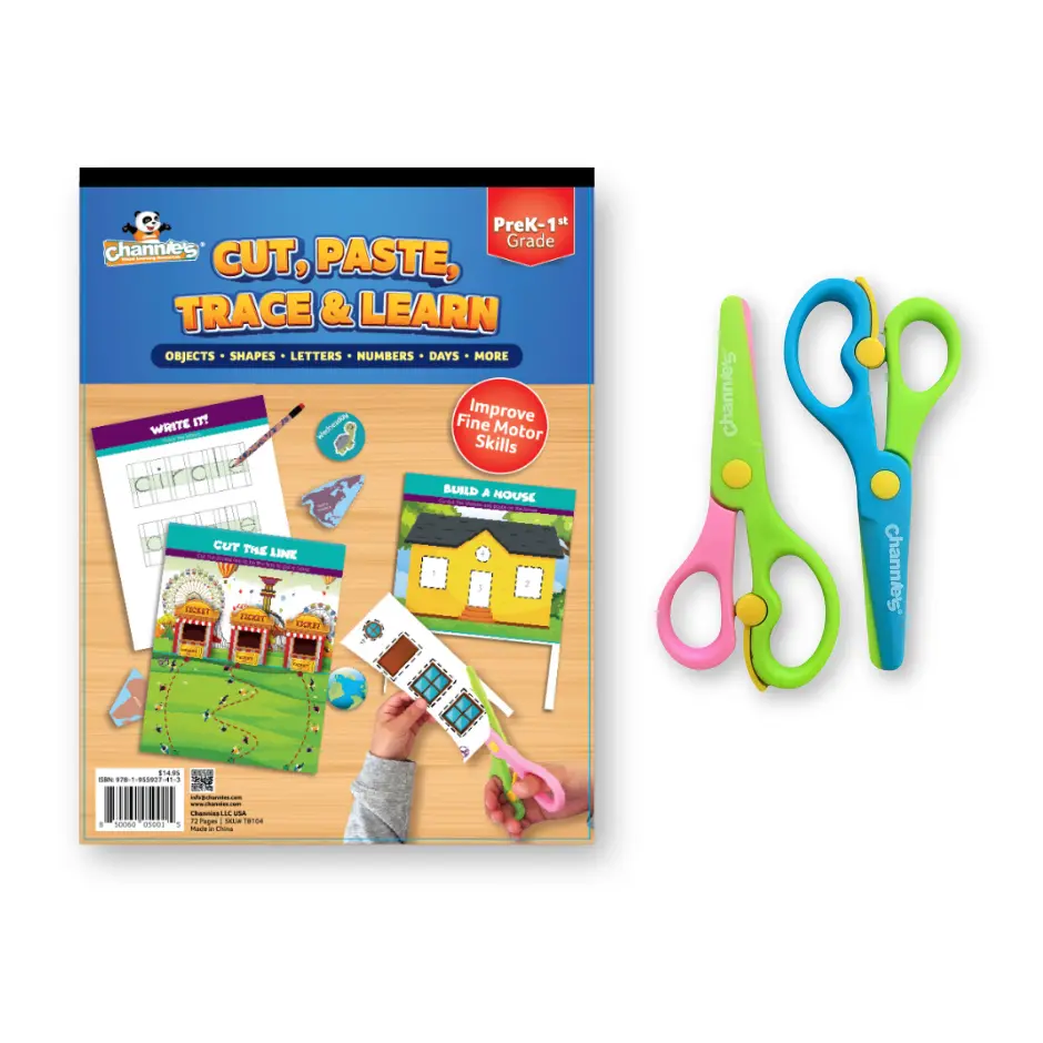 Channie's Cut, Paste, Trace & Learn Workbook with Set of 2 Kid-Friendly Safety Tip Small Hands Scissors - Classroom Supplies, Office Cutting Supplies, TB104SC011,sohochic