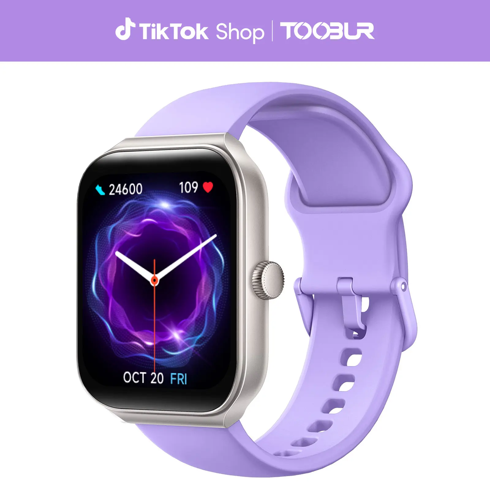 TOOBUR 1.95" LCD Bluetooth Smart Watch - BT Call Answer/Make, Smart Voice Assistant, Sleep Tracking, IP68 Waterproof, Step Calorie Tracker, 100 Multi-Sports Modes, Music Control, Silicone Wearable for Men, iOS Android Compatible, Lilac, Lcd Screen, Music,