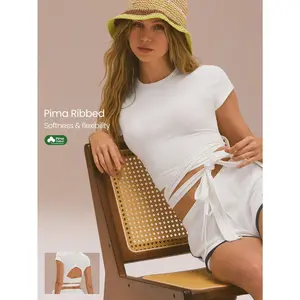 GLOWMODE Pima Cotton Ribbed Endorphin Flow Soft Breathable Sweat-Wicking Waist-Length Slim-Fit Open-Back Adjustable Tie-Waist Style Crew Neck Tee Yoga Pilates Studio Workout Daily Casual Wear