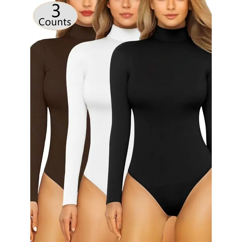 Women's Solid Thermal Lined Long Sleeve Turtleneck Bodysuit, New Style Casual Wear Comfy High Neck Bodysuit for Daily Wear, Tummy Control Bodysuit Long Sleeve, Ladies Shapewear for All Seasons, Shapewear Tops