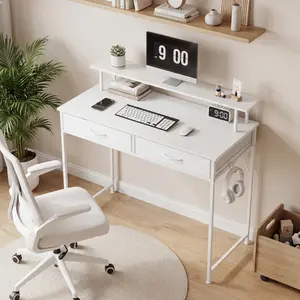 Small Home Office Computer Desk, Desk with 2 Drawers and Monitor Stand, Gaming Desk for Small Spaces, White