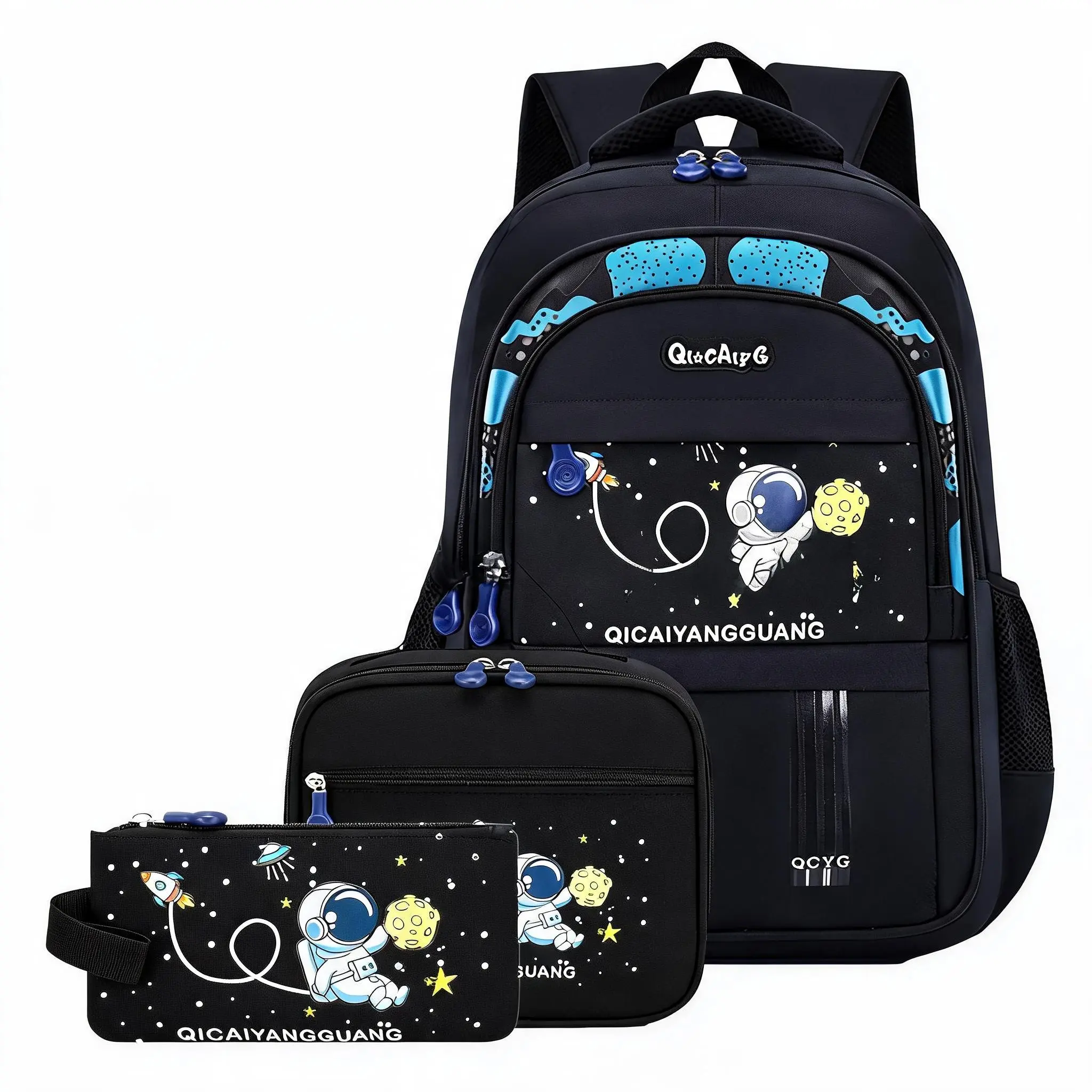 3Pcs Astronaut Student Backpack Set for Boys, Large Capacity Breathable Lighten Load School Backpack, Water Resistant Wear-resistant Oxford Cloth Daypack with Air Cushion Shoulder Straps