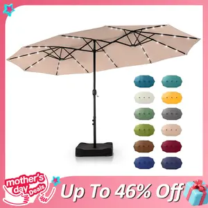 [2026 New] PHI VILLA 15ft Large Outdoor Double-Sided Rectangle Umbrella with Crank Handle, Patio Umbrella with LED Lights, Waterproof, Day & Night Use, Mother's Day Gift