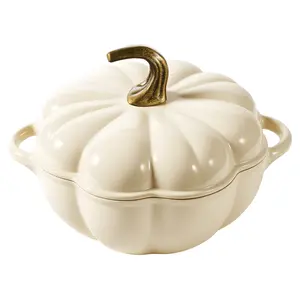 Pumpkin Cast Iron Dutch Oven with Lid, Enamel Cooking Pot for Soup Stew Bread, Heavy Duty Casserole Pot, Cream White Orange Red Black Cookware