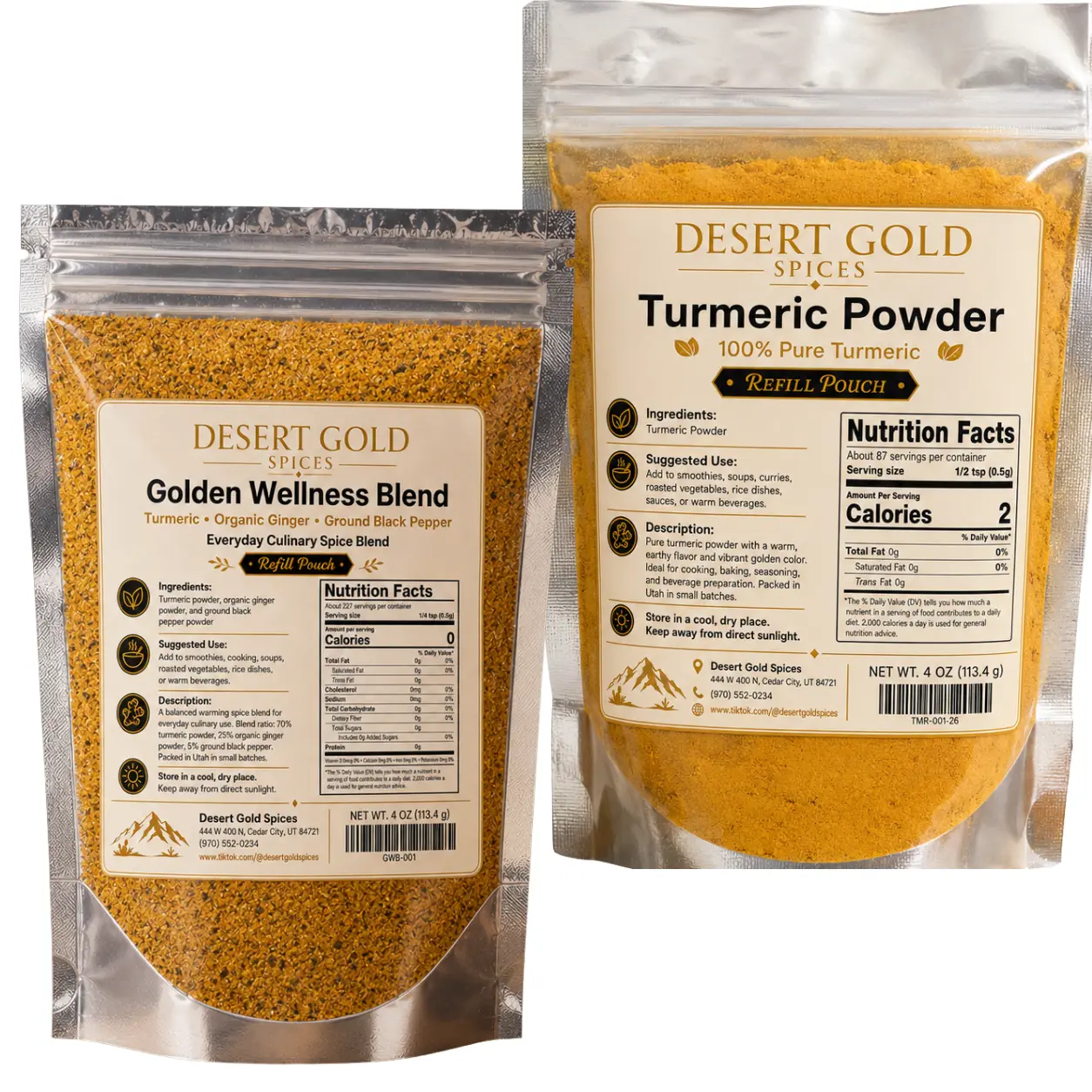 Desert Gold Spices 2-Pack Turmeric Powder & Golden Spice Blend - 2x4 oz Resealable Pouches, Culinary Seasonings with Turmeric, Ginger, Black Pepper