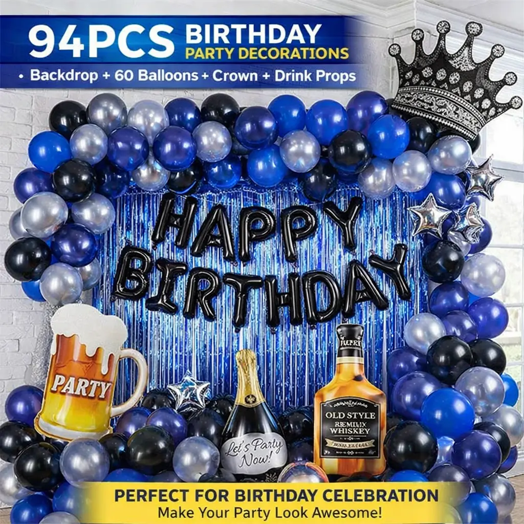 Blue Black Birthday Party Decorations for Him, All-in-One Kit with Banner, Fringe Curtains & Balloons – Great for 21st 25th 30th 40th 50th 60th Celebrations