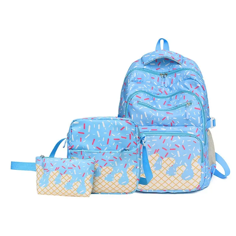 Cute Melting Ice Cream Waffle Cone Print Backpack 3 Piece Set, Girls Lightweight School Bag Matching Insulated Lunch Tote & Pencil Pouch, Water Resistant Student Bookbag for Daily Travel
